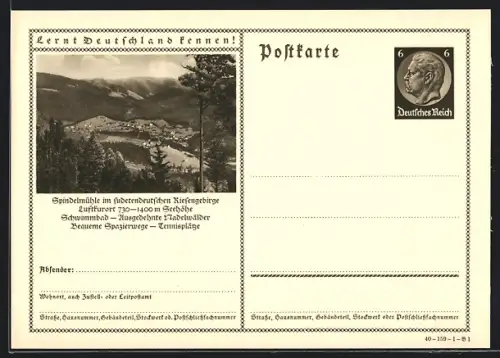 AK Spindelmühle im sudetendeutschen Riesengebirge, Ortsansicht aus der Vogelschau, Ganzsache Lernt Deutschland kennen