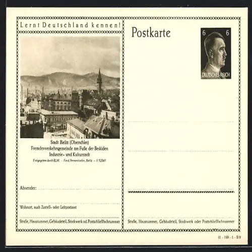 AK Bielitz /Oberschles., Ortsansicht mit Berglandschaft, Ganzsache Lernt Deutschland kennen