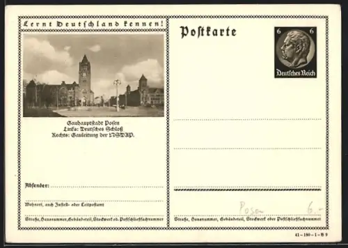 AK Posen, Deutsches Schloss und Gauleitung der , Ganzsache Lernt Deutschland kennen