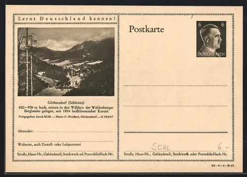 AK Göbersdorf /Schlesien, Blick über den Ort, Ganzsache Lernt Deutschland kennen