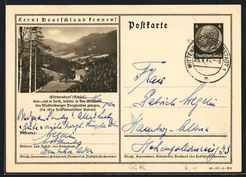 AK Görbersdorf /Schles., Ortsansicht aus der Vogelschau, Ganzsache Lernt Deutschland kennen