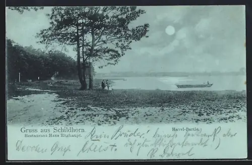 Mondschein-AK Berlin-Grunewald, Schildhorn, Restaurant Hans Ritzhaupt, Havel-Partie