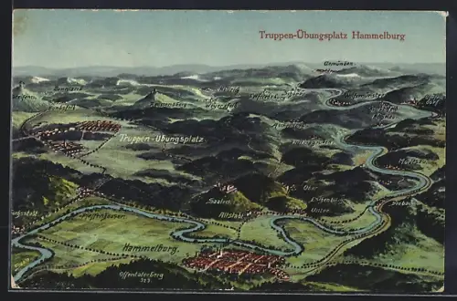 Künstler-AK Eugen Felle: Hammelburg, Totale mit Truppen-Übungsplatz