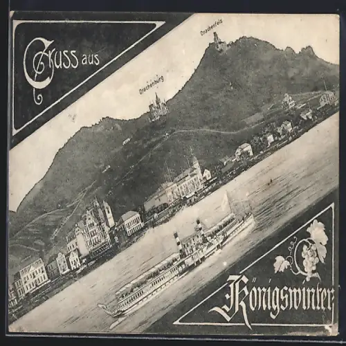 AK Königswinter, Teilansicht mit Drachenburg und Drachenfels