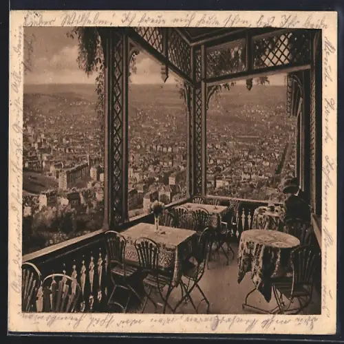 AK Stuttgart-Hasenberg, Hotel-Restaurant Buchenhof, Blick von der Terrasse auf den Ort