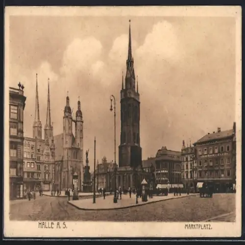 AK Halle a. S., Marktplatz mit Geschäft A. Huth & Co. und Kirche
