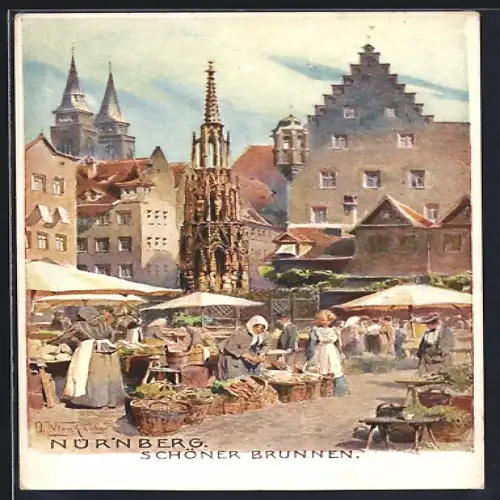 Künstler-AK Nürnberg, Marktplatz am Markttag mit Schöner Brunnen