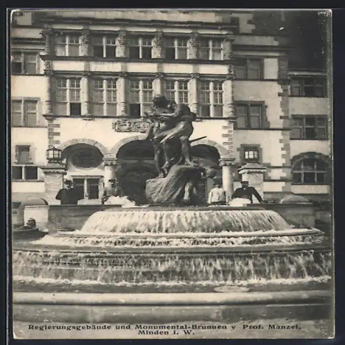 AK Minden i. W., Regierungsgebäude und Monumental-Brunnen