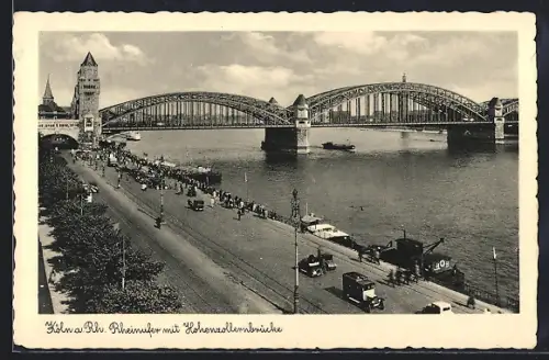 AK Köln a. Rh., Rheinufer mit Hohenzollernbrücke
