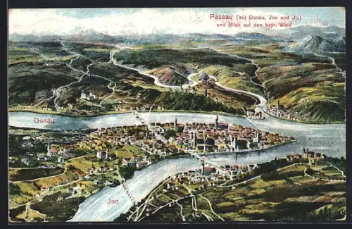 AK Passau, Blick mit Donau, Inn und Ilz auf den bayr. Wald