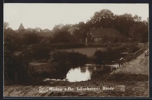 AK Müden / Örtze, Gewässerpartie mit Ortspanorama