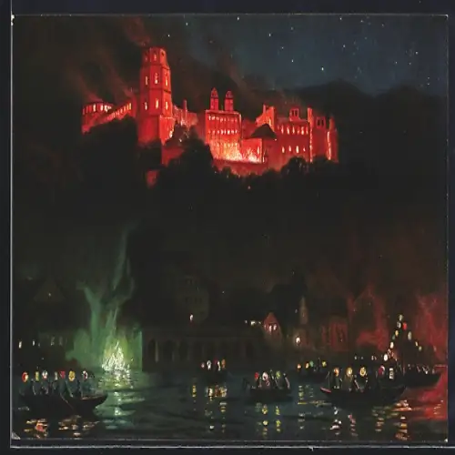 AK Heidelberg, Schlossbeleuchtung mit Lampion-Booten, rückseitig Gedicht
