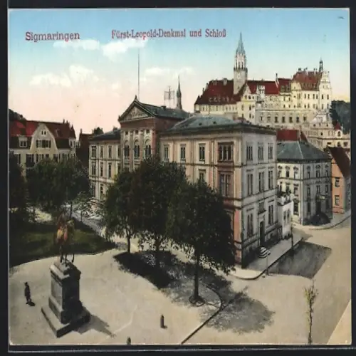 AK Sigmaringen, Fürst-Leopold-Denkmal und Schloss mit Strasse aus der Vogelschau