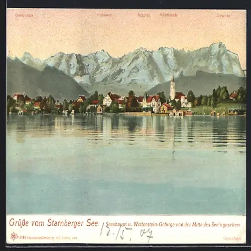 AK Seeshaupt /Starnberger See, Ortspanorama u. Wetterstein-Gebirge vom Wasser aus