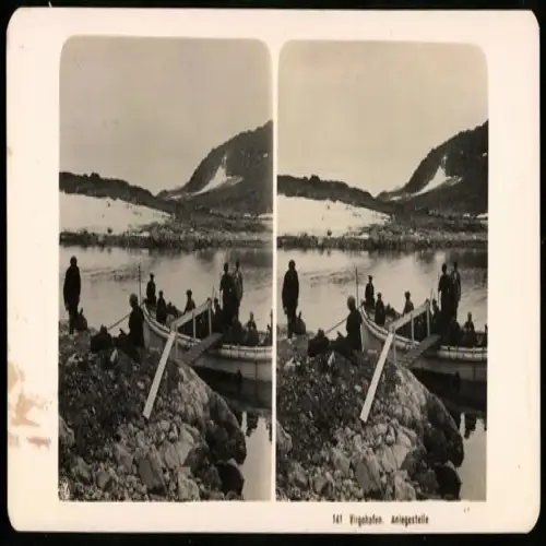 Stereo-Fotografie NPG, Ansicht Virgohafen / Norwegen, Alegestelle mit Ruderboot