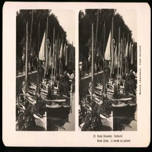 Stereo-Fotografie NPG, Ansicht Malmö, Fischmarkt mit Verkauf direkt vom Segelboot