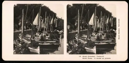 Stereo-Fotografie NPG, Ansicht Malmö, Fischmarkt mit Verkauf direkt vom Segelboot