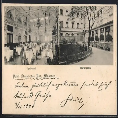 AK München, Hotel Rheinischer Hof, Inneres Speisesaal, Gartenpartie