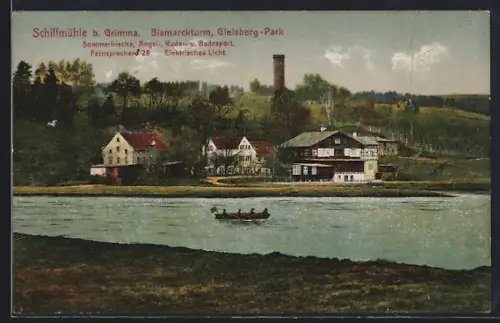 AK Grimma / Sachsen, Gasthaus Schiffmühle mit Bismarckturm im Gleisberg-Park