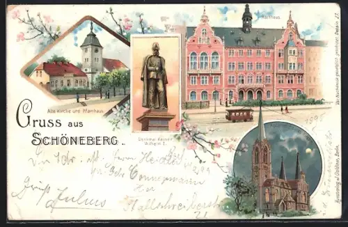 Lithographie Berlin-Schöneberg, alte Kirche und Pfarrhaus, Rathaus, Kaiser Wilhelm I. Denkmal