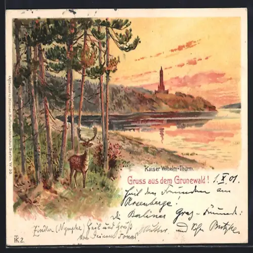 Lithographie Grunewald, Kaiser Wilhelm-Turm, Uferpartie mit Hirsch am Abend