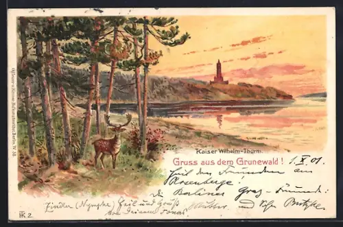 Lithographie Grunewald, Kaiser Wilhelm-Turm, Uferpartie mit Hirsch am Abend
