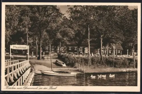 AK Berlin-Wannsee, der Seesteg am Wirtshaus zur Pfaueninsel an der Havel