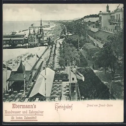 AK Heringsdorf / Ostseebad, Strand vom Strand-Casino aus, Reklame für Ebermanns Mundwasser und Zahnpulver