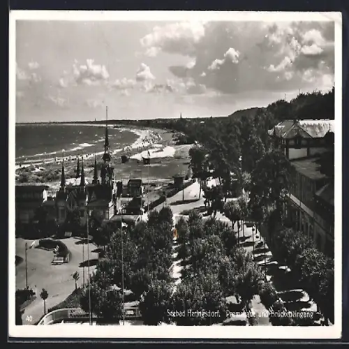 AK Heringsdorf / Ostseebad, Promenade & Brückeneingang aus der Vogelschau