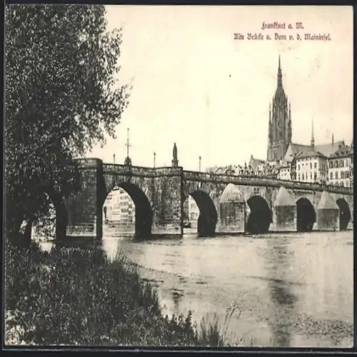 AK Frankfurt a. M., Alte Brücke und Dom von der Maininsel aus