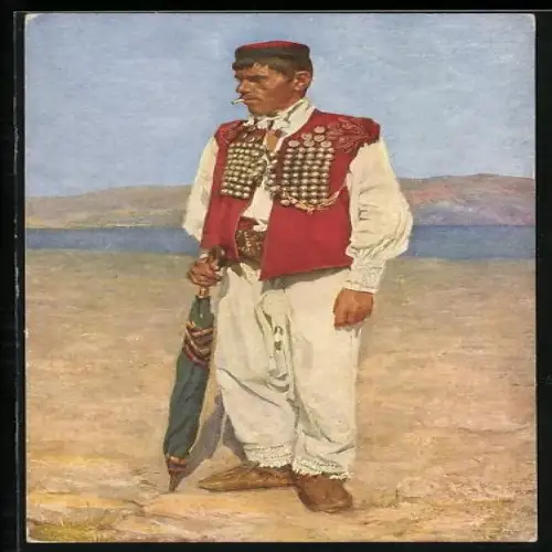 AK Rauchender Mann in kroatischer Tracht am Strand