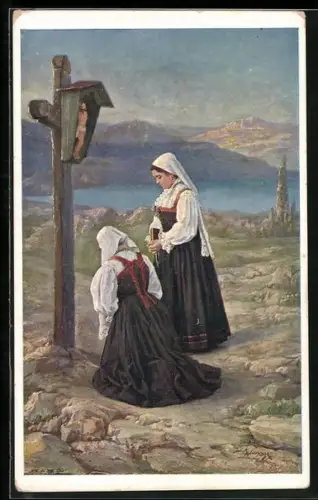 Künstler-AK Zwei Frauen an einem Wegekreuz, Oesterr. Ungar. Volkstypen