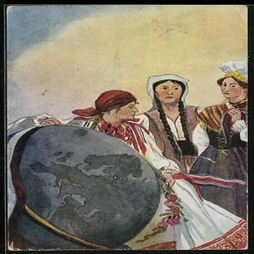 Künstler-AK Drei jugoslavische Frauen mit einem Globus