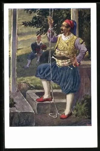 Künstler-AK Breno, Habitants de Breno, Mann in traditioneller Kleidung