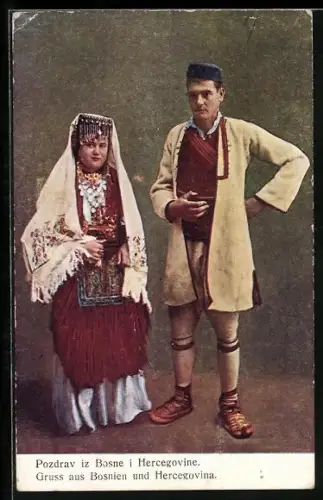 AK Bosnien und Herzegowina, Junges Paar in bunter Tracht