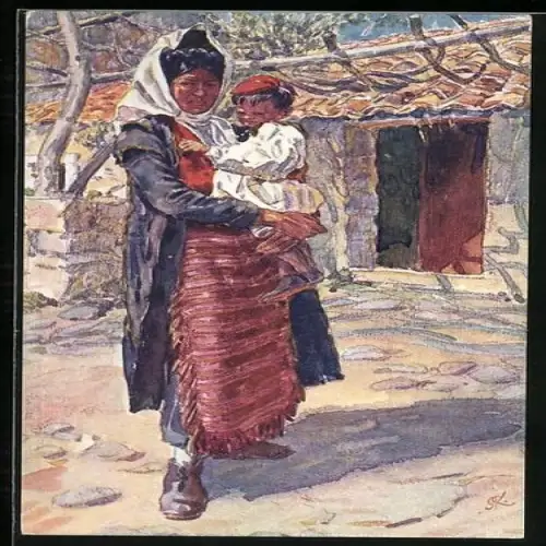 Künstler-AK Spalato, Dalmatinerin in Tracht mit ihrem Kind