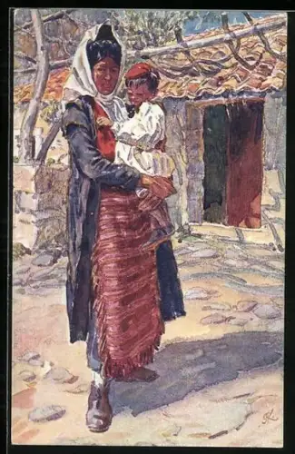 Künstler-AK Spalato, Dalmatinerin in Tracht mit ihrem Kind