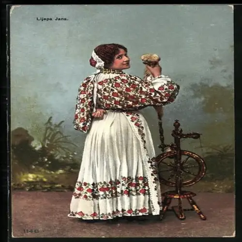 AK Frau mit Spinnrad