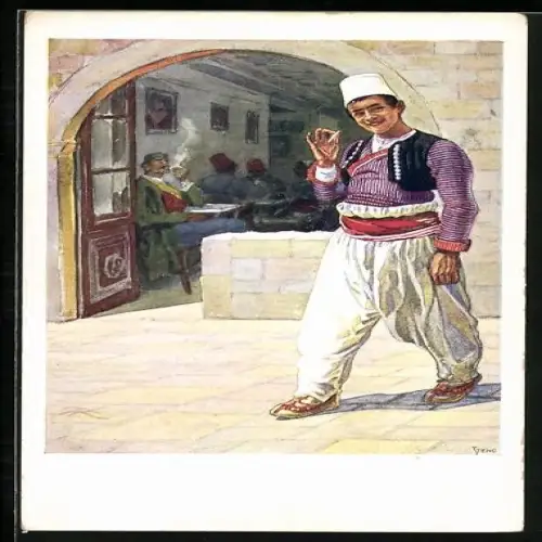 Künstler-AK A. Kaspar: Mann aus Ragusa in Volkstracht vor Rauchercafé