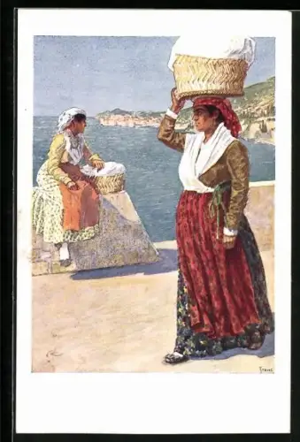 Künstler-AK Breno, Frauen in Tracht mit Körben