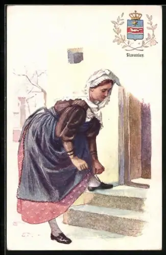 Künstler-AK Adolf Karpellus: Slawonien, Dame bindet ihrern Schuh