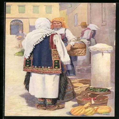 Künstler-AK Frauen in Tracht auf dem Markt