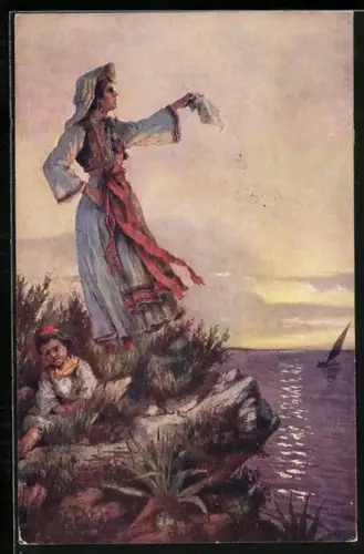 Künstler-AK Frau nimmt Abschied von ihrem Mann