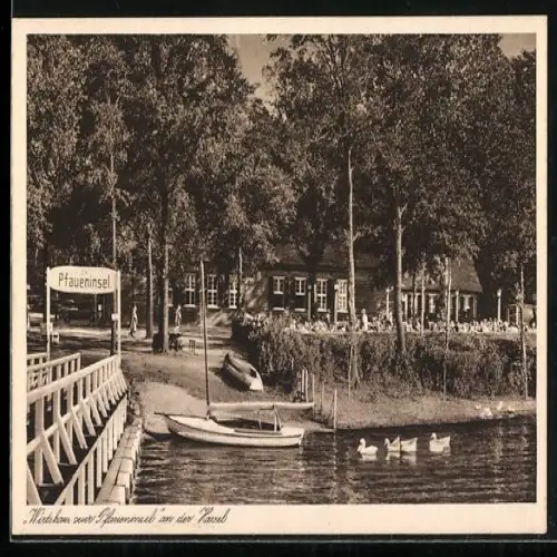 AK Berlin-Wannsee, der Seesteg am Wirtshaus zur Pfaueninsel an der Havel