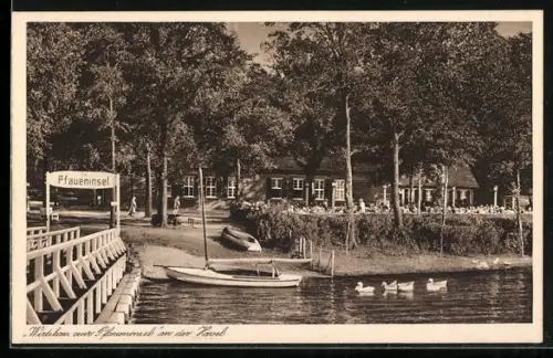 AK Berlin-Wannsee, der Seesteg am Wirtshaus zur Pfaueninsel an der Havel