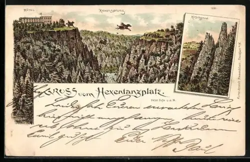 Lithographie Thale /Harz, Hexentanzplatz mit Hotel und Hexensprung, Hirschgrund