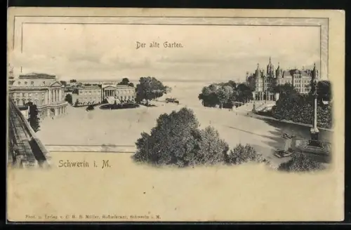 AK Schwerin i. M., Alter Garten mit Denkmal