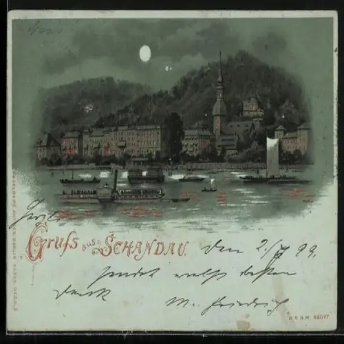 Lithographie Schandau, Uferpartie mit Kirche und Dampfer Pillnitz