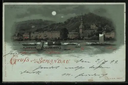 Lithographie Schandau, Uferpartie mit Kirche und Dampfer Pillnitz