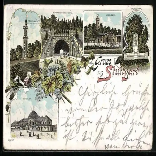 Lithographie Stuttgart, Hasenberg, Degerlocher Aussichtsturm, Haufdenkmal